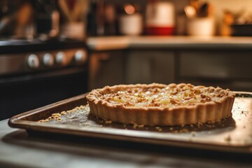 Baked tart on a metal sheet in a kitchen.