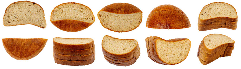 Isolated collection of white bread slices on white background