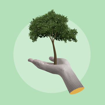 Collage ESG (Environmental, Social, and Governance) principles. Featuring hand holding a tree. eco-friendly energy systems. vector illustration