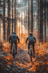 Fototapeta premium Two Cyclists Riding Down a Forest Trail During Autumn, Golden Hour Photography
