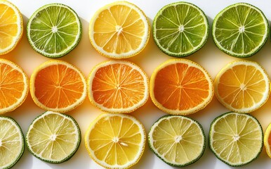 Obraz premium Vibrant Assortment of Freshly Sliced Citrus Fruits Including Lemon, Lime, Orange, and Yellow Citrus on a Clean White Background