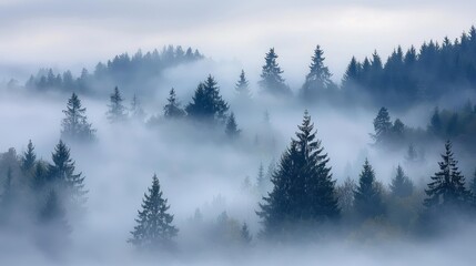 Foggy Forest Morning with Tall Trees
