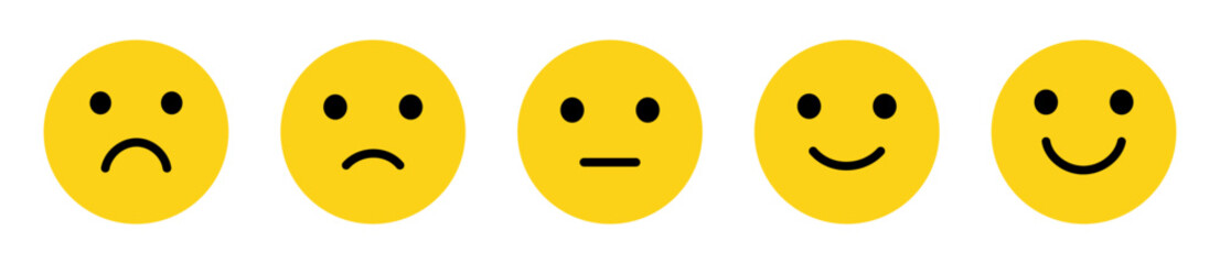 Fototapeta premium Simple feedback emoji vector icons set. Emotional rating faces from sad to happy. Yellow smileys collection. Customer satisfaction evaluation design. Vector illustration.