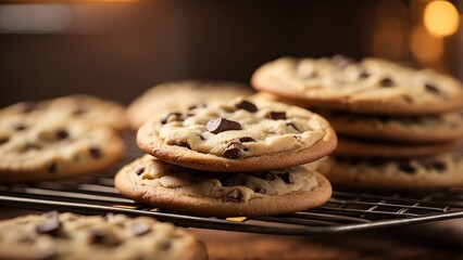 Freshly baked chocolate chip cookies cooling on a wire rack with a warm