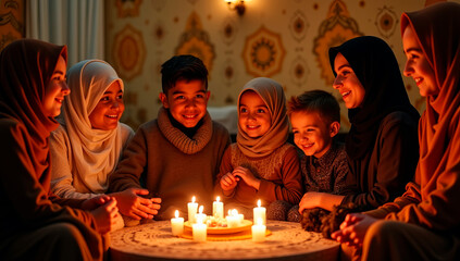 A family gathered at home celebrating Muharram, children with traditional clothes, decorative Islamic patterns on the walls, warm candle lighting, joyful and spiritual moment