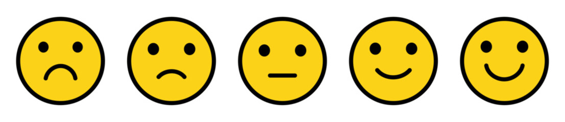 Simple feedback emoji vector set. Emotional rating faces from sad to happy. Yellow smileys with bold outlines user experience survey icons. Customer satisfaction evaluation design. Vector illustration