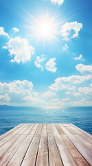 Obraz premium Sunlit boardwalk leading to the ocean, warm wooden textures and bright summer sky 
