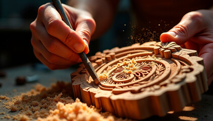 An artisan showcases expertise by hand-carving a detailed wooden piece in a workshop illuminated by soft afternoon light, creating delicate patterns and textures.