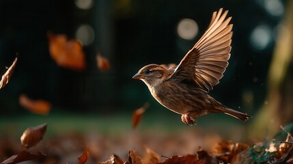 Fototapeta premium Graceful sparrow flying with outstretched wings in autumn garden