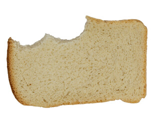 Isolated bitten piece of white rough bread on a white background