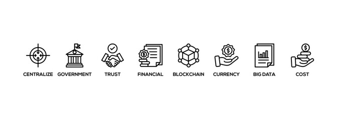 CBDC banner web icon vector illustration concept of central bank digital currency with icons of centralize, government, trust, financial, blockchain, currency, big data and cost
