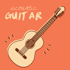 Bold vector illustration of a acoustic guitar on a vivid orange background with expressive lines and hand-drawn text. Ideal for music education and creative graphic design projects