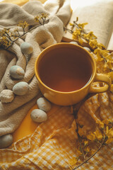 Cozy flat lay with a yellow tea cup, beige blanket, yellow gingham cloth, wildflowers, speckled eggs, sweets, and an open book, evoking a warm spring morning atmosphere