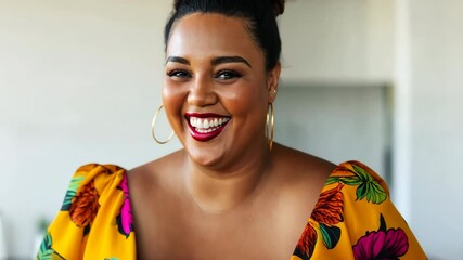 A woman with a big bust is smiling and wearing a floral print dress. She is posing for a picture and she is happy