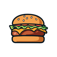 Complete ready-to-eat hamburger icon with vegetables and meat, vector illustration on a white background. Type of food.