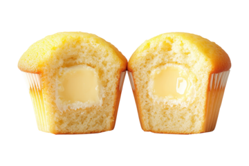 Two halves of a vanilla cupcake with creamy filling shown in cross-section, isolated on white transparent background, dessert concept