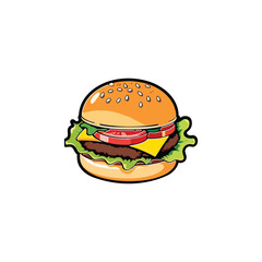 Complete ready-to-eat hamburger icon with vegetables and meat, vector illustration on a white background. Type of food.