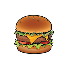 Complete ready-to-eat hamburger icon with vegetables and meat, vector illustration on a white background. Type of food.