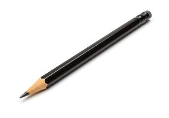 A close up shot of a single black pencil lying on a plain white surface in a studio setting