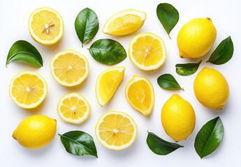 Fototapeta premium Fresh and Bright Lemons and Lemon Slices Arranged with Green Leaves on White Background for Creative Culinary and Health Concepts