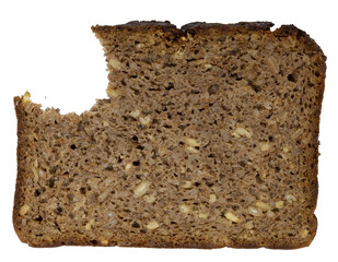 Isolated bitten rye artisan bread on white background