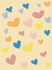 This illustration features a cheerful pattern of colorful heart shapes scattered across a light beige background. The hearts come in various pastel and bright shades, including blue, yellow, pink,