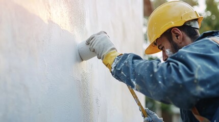 Construction worker applying paint to a wall. Featuring painting skills