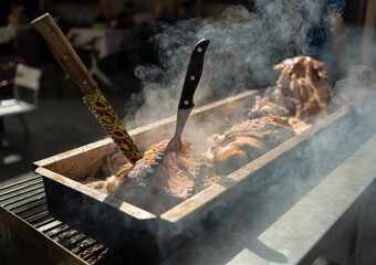 smoked and baked sausage products at a traditional Easter bazaar