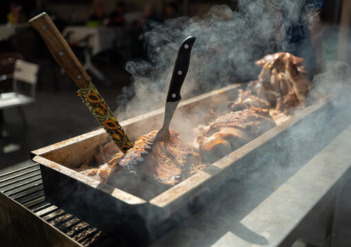 smoked and baked sausage products at a traditional Easter bazaar
