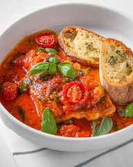 A bowl of lasagna soup with a rich tomato broth, cherry tomatoes, fresh basil, and toasted bread slices. Served in a white bowl on a textured light grey background. A comforting and hearty Italian