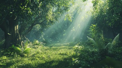 Tranquil Forest Clearing with Sunbeams