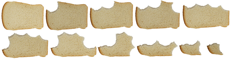 Isolated collection of bitten bread on white background