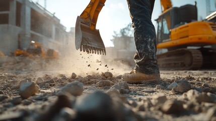 Construction worker clearing debris at a construction site. Featuring site cleanup
