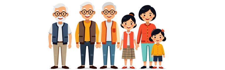 Fototapeta premium A_cartoon_image_depicts_three_grandfathers_two_girls_and_one_mom_all_smiling_in_a_wholesome_family_portrait_against_a_white_background_