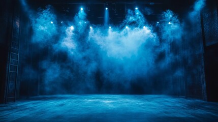 Empty Stage with Blue Lighting and Smoke