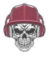 Skull with retro baseball cap  & retro style headphone 63b
