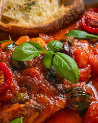 Classic Italian lasagna with rich tomato sauce, cherry tomatoes, basil, and melted cheese. Served with crispy garlic bread on a rustic, warm-toned background. A comforting and flavorful dish perfect