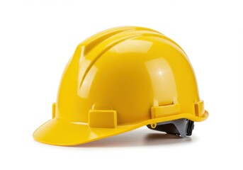 Fototapeta premium A bright yellow hard hat resting on a white surface in a studio setting with good lighting