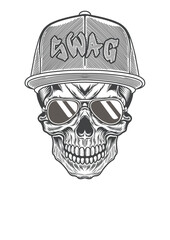 Skull with retro baseball cap  & retro sunglasses 61 - BW