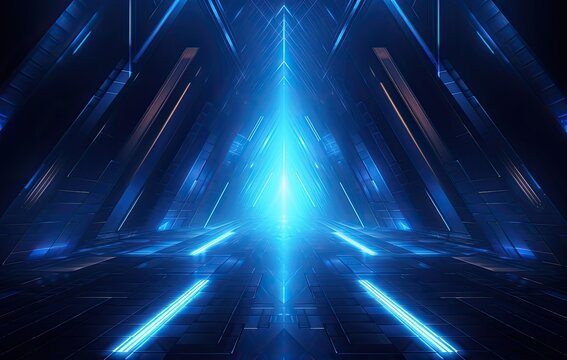 Futuristic, glowing, triangular corridor leading to a bright center.