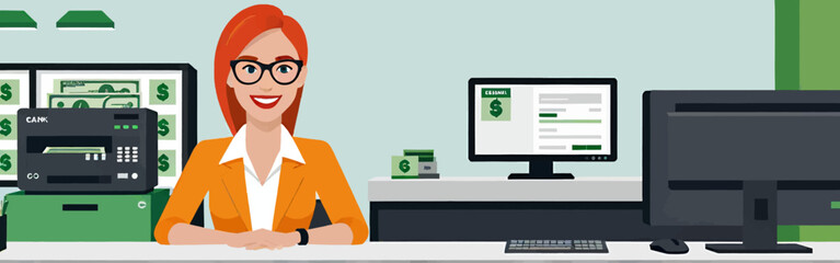 Bank_teller_smiling_in_orange_suit_with_money-and_computers_behind-her-in_a_clean_bank_setting_
