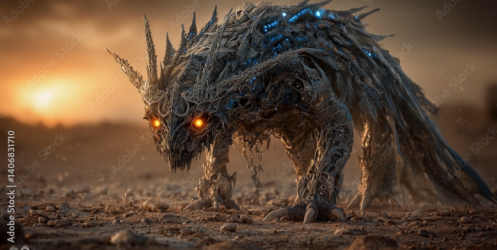 Poster Ethereal creature emerges from the desert captured in a powerful image fantasy environment dramatic viewpoint