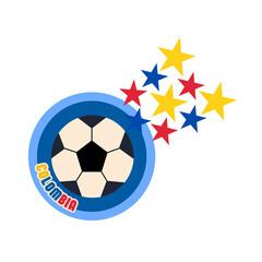 Icono vectorial plano de bal&oacute;n de futbol acompa&ntilde;ado de la palabra Colombia y estrellas amarilla, azul y roja con fondo transparente - 1