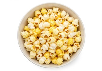 A top down view of a bowl filled to the brim with delicious looking yellow and white popcorn pieces