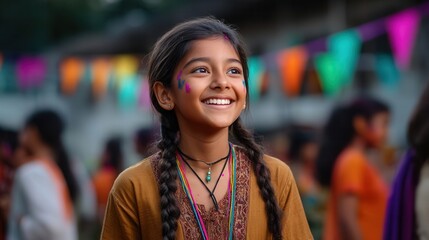 Happy Indian girl smiling at festival celebration outdoors