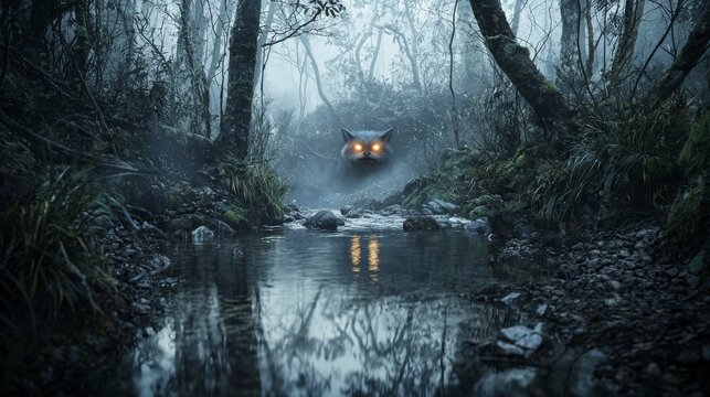 Eerie kappa hiding in shadows near a misty stream nature scene mysterious environment cinematic view