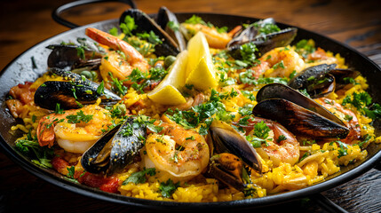 Vibrant Paella Dish in Traditional Paella Pan with Saffron Rice, Shrimp, Mussels, and Scallops, Garnished with Lemon and Fresh Parsley