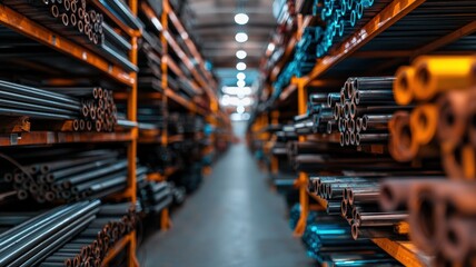 A warehouse stocked with steel rods and industrial-grade metal components, detailed industrial textures