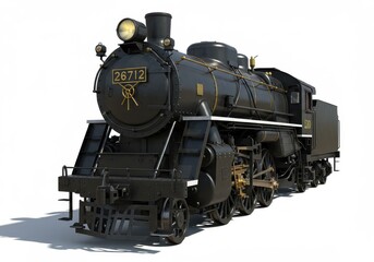 Naklejka premium A detailed view of a black steam locomotive with the number 26712 on its front plate isolated