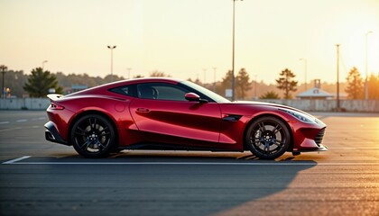 Fototapeta premium Sleek red sports car parked under golden sunlight in an empty lot at sunset hour